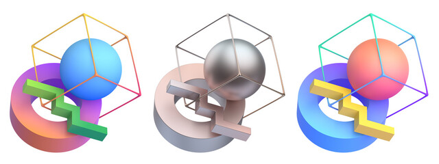 Poster - Set of geometric compositions in different colors, 3d render