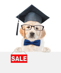 Poster - Smart golden retriever puppy holds signboard with labeled 
