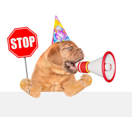 Poster - Funny Mastiff puppy wearing party cap barks into megaphone above empty white banner and shows stop sign. isolated on white background
