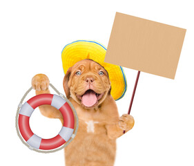Poster - Happy mastiff puppy wearing summer hat screaming into a megaphone and showing lifebuoy. Isolated on white background