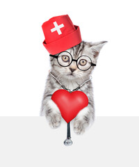Aufkleber - Funny kitten dressed like a doctor with stethoscope on his neck looks above empty white banner and looks red heart. isolated on white background