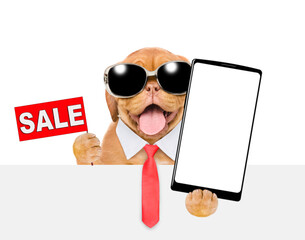 Poster - Smart Mastiff puppy wearing sunglasses and necktie shows signboard with labeled 