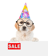Poster - Funny Golden retriever puppy wearing eyeglasses and party cap shows signboard with labeled 