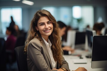 Fototapete - A girl working in an office