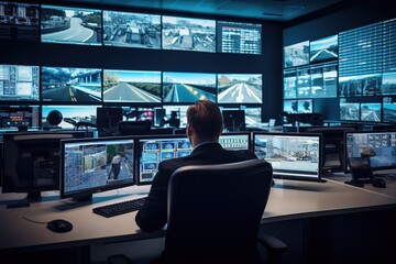 Canvas Print - The security service operator monitors through monitors