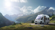 Amidst The Vast Mountain Expanse, A Lone Camper Van Stands, Embodying The Spirit Of Summer Adventures And The Pursuit Of Nature's Serenity On Wheels.