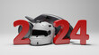 3d rendering of the new year's date 2024. Futuristic motorcycle and sports helmet. Illustration for sports-themed calendars. Motorcycle racing and the future.