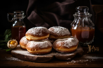 Wall Mural - Homemade donuts with powdered sugar, Hanukkah