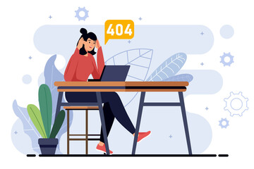 Aufkleber - 404 minimalistic concept with people scene in the flat cartoon design. Girl cannot understand why the error occurred in the laptop.  illustration.
