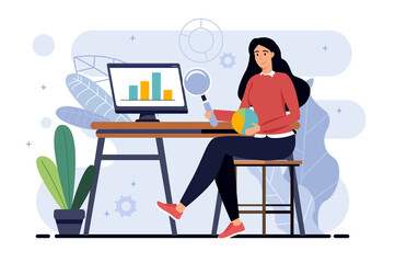 Poster - Data analysis minimalistic concept with people scene in the flat cartoon style. Employee checks and evaluates the analysis of various data.  illustration.