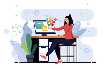 Poster - Design studio minimalistic concept with people scene in the flat cartoon design. Designer selects the color scheme for the project.  illustration.