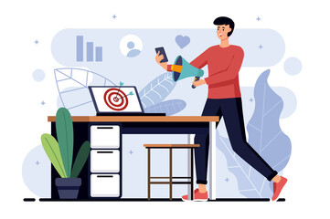 Aufkleber - Digital marketing minimalistic concept with people scene in the flat cartoon style. Marketer advertises products in social networks and popularizes them via the Internet.  illustration.