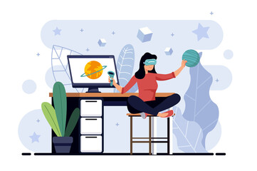 Aufkleber - Metaverse minimalistic concept with people scene in the flat cartoon design. Girl explores planets while in the metaverse using a computer.  illustration.