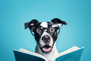 Cute funny dog reading book. Education concept.