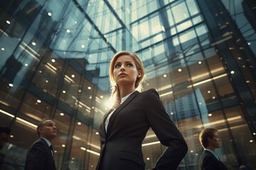 Successful Businesswoman in Stylish Suit Working on Top Floor Office Overlooking Night City. 