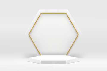 Poster - White 3d podium hexagonal luxury pedestal mock up for cosmetic product show presentation vector