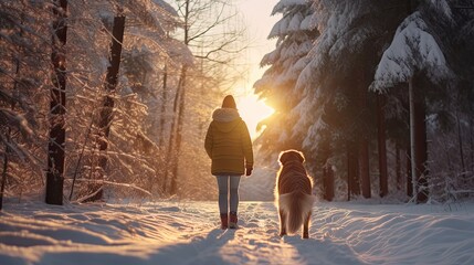 Woman in sheepskin coat and hat with golden retriever dog in snowy forest in winter