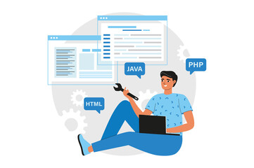 Poster - Blue concept programing software with people scene in the flat cartoon style. Technician is working on errors in the software settings.  illustration.