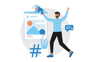Poster - social marketing blue concept with people scene in the flat cartoon style. marketers work for the ne