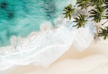 Beach With Palm Trees On The Shore In The Style Of Birds-eye-view. Turquoise And White Plane View On Beach Aerial Photography.