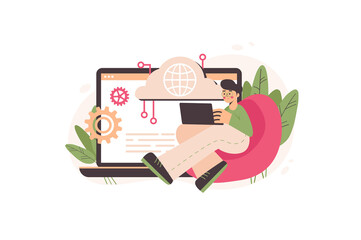 Aufkleber - Cloud service concept with people scene in the flat cartoon design. Software worker try to work with the configuration of cloud services.  illustration.