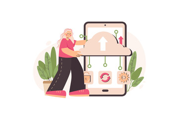 Aufkleber - Cloud storage concept with people scene in the flat cartoon style. Girl uploads all information to the cloud storage so as not to lose it.  illustration.