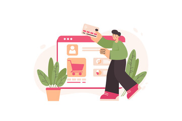 Aufkleber - Online payment concept with people scene in the flat cartoon design. Man wants to order goods on the Internet store and pay them through online banking.  illustration.