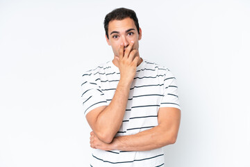 Wall Mural - Young caucasian man isolated on white background surprised and shocked while looking right