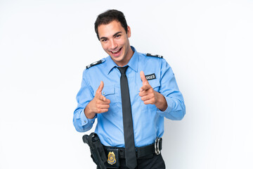 Wall Mural - Young police caucasian man isolated on white background pointing to the front and smiling