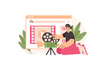 Poster - Online cinema concept with people scene in the flat cartoon style. Guy adjusts the projector to watch a online movie at home.  illustration.