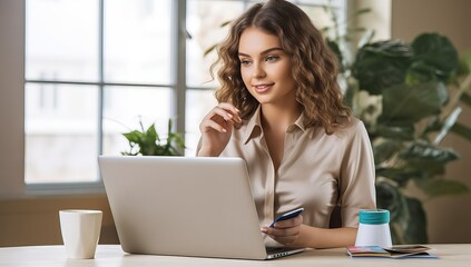 Canvas Print - Portrait of young businesswoman using laptop and credit card in office