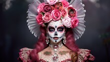 Day Of The Dead, Mexican Sugar Skull Makeup Woman With Pink Roses