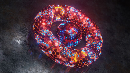 Poster - abstract 3d illustration of a torus, a geometric figure made of many honeycombs, metal hexagonal ele