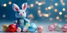 The Easter Bunny Sits Near The Quail Easter Eggs, On Blue Broken Lights Background Easter Bunny And Quail Eggs Decoration AI Generative  