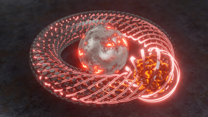 Poster - 3d rendering of an abstract torus, a bagel. A geometric figure made of hexagons and a grid with plasma spheres inside. Abstract illustration, the idea of pure thermonuclear energy.