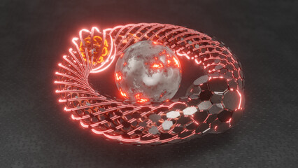 Poster - 3d rendering of an abstract torus, a bagel. A geometric figure made of hexagons and a grid with plasma spheres inside. Abstract illustration, the idea of pure thermonuclear energy.