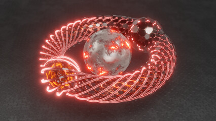 Poster - 3d rendering of an abstract torus, a bagel. A geometric figure made of hexagons and a grid with plasma spheres inside. Abstract illustration, the idea of pure thermonuclear energy.