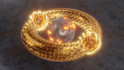Poster - 3d rendering of an abstract torus, a bagel. A geometric figure made of hexagons and a grid with plasma spheres inside. Abstract illustration, the idea of pure thermonuclear energy.