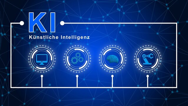 AI Artificial Intelligence (in german KI Kuenstliche Intelligenz) - global information technology concept - graphic elements arranged on background of connecting lines - 3D Illustration