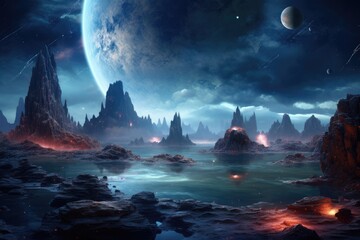 Wall Mural - alien landscape, fantasy planet, night sky with stars on background.