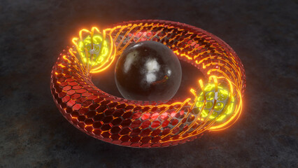 Poster - 3d rendering of an abstract torus, a bagel. A geometric figure made of hexagons and a grid with plasma spheres inside. Abstract illustration, the idea of pure thermonuclear energy.