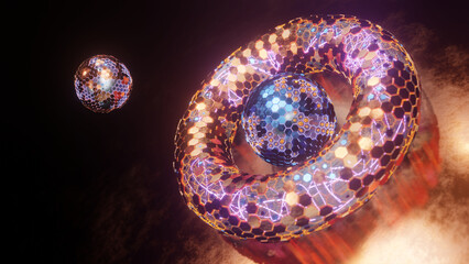 Poster - Abstract 3d illustrations of fantastic geometry. A torus, a bagel made of many metal hexagonal segments on a metal surface. Fantastic 3d rendering.