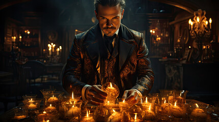 Portrait of a magician man with candles in his hands.