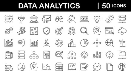 Poster - Data analytics set of web icons in line style. Data analysis icons for web and mobile app. Data processing, statistics, database, analytics, monitoring, computing, AI, hosting, monitoring, server
