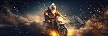 Santa Claus With Gifts For Christmas Rides Motorcycle In Winter. New Year Greeting Card