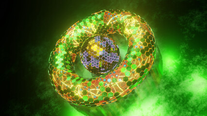 Poster - abstract 3d illustration of a torus, a geometric figure made of many honeycombs, metal hexagonal ele