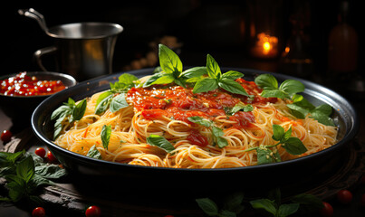 Wall Mural - Plate of spaghetti with sauce on a dark background.