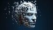 Artificial intelligence. Scattering head profile of a chrome-plated robot, dark blue background. AI generated.