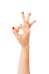 Wall Mural - female hand showing the ok gesture at screen on isolated background.