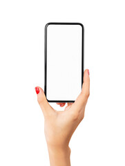 Sticker - woman hand holding smartphone with mockup of blank screen, isolated background.